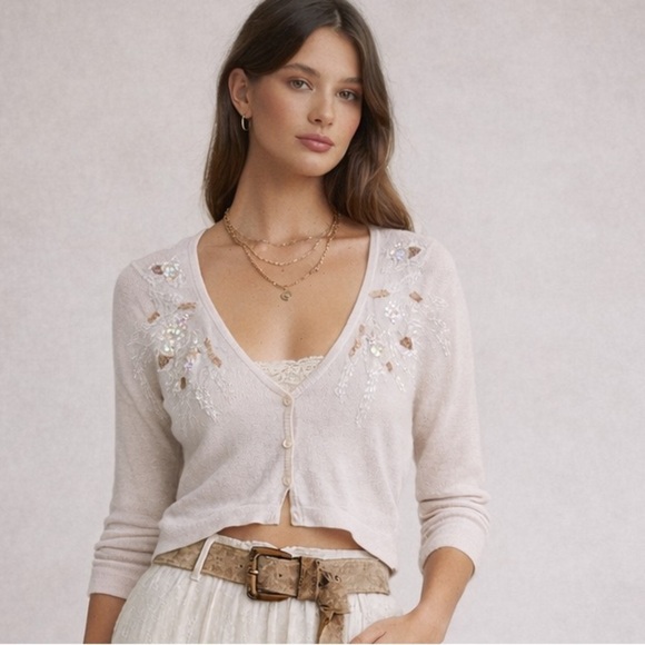 Free People Sweaters - Free People palest pink wool blend cardigan with beaded embroidery. Size Medium